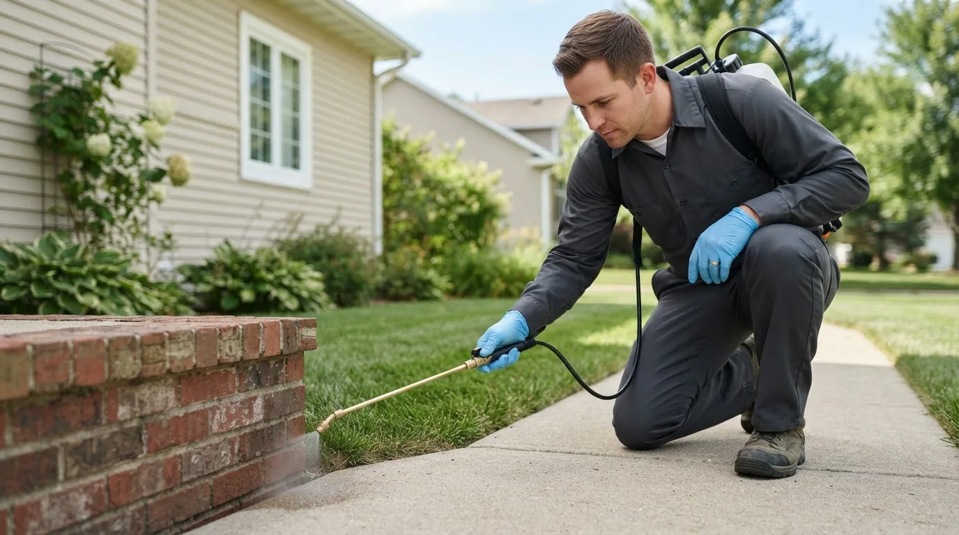 Pest control technician treating a home near Coats, NC